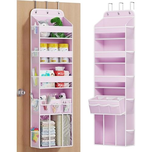 OneDream 5-Tier Over the Door Organizer with Removable Storage Caddy, Baby Clothes Organizer for Nursery, Hanging Behind Door Storage with Clear Pockets and Side Mesh Compartments, Pink
