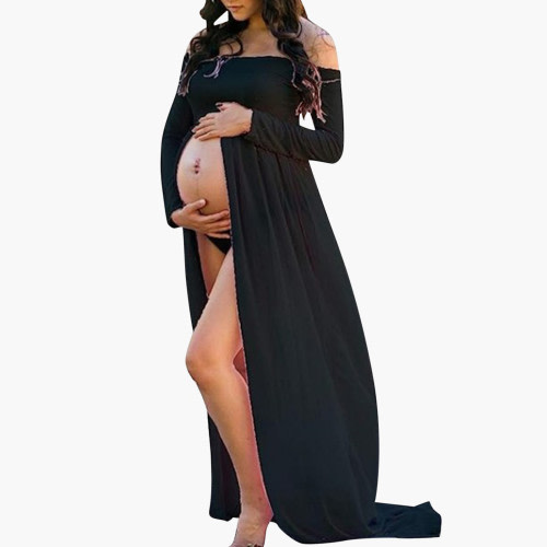 Teyfeniy Women Maternity Dress for Photoshoot Off the Shoulder Long Sleeve Solid Color Maxi Dress Pregnancy Fashion Comfy Photography Dress