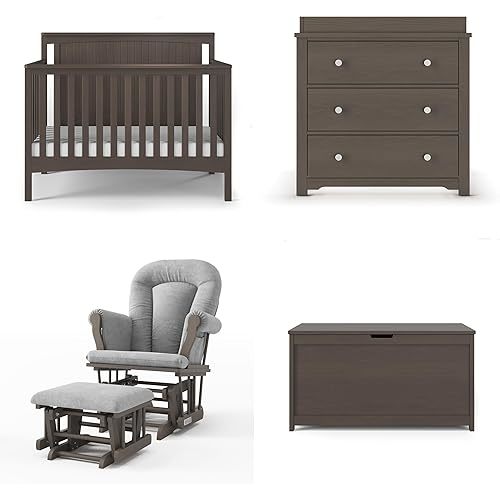 Child Craft Scout 4-in-1 Convertible Baby Crib Nursery Furniture Set - Baby Bed, Dresser with Changing Table Topper, Glider Chair, and Toy Box for Babies, Toddlers and Kids (4 Piece - Dapper Gray)