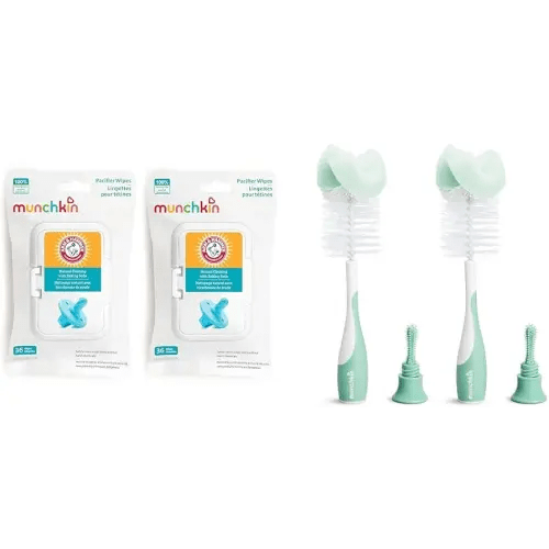 Munchkin® Arm & Hammer Pacifier Wipes - Safely Cleans Baby and Toddler Essentials, 2 Pack, 72 Wipes & Sponge™ Bottle Brush, 2 Pack, Green