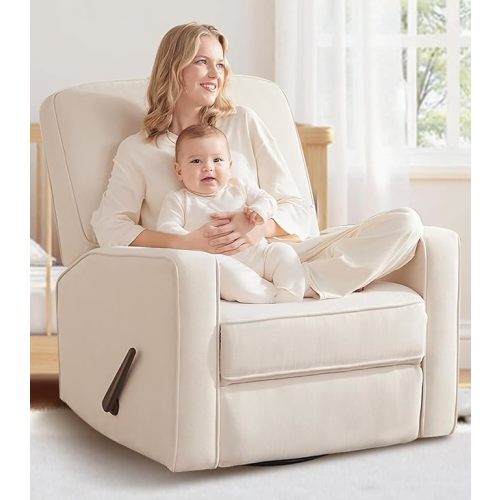 Tbfit 360° Swivel Recliner Chair, Nursery Rocking Chair with Lumbar Support for Bedroom, Comfy Upholstered Armchair with Pillows & Footrest for Living Room, Beige
