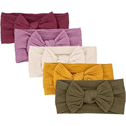 Parker Baby Cable Knit Nylon Headbands 5 Pack | Soft, Stretchy & Comfortable Bows for Girls | Adjustable, Soft to Touch & Knotted Headbands for Baby Girls | Baby Headwraps for Girls | Multiple Colors