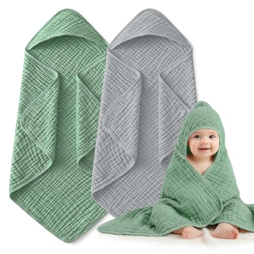 Muslin Hooded Baby Towels 2 Pack, 100% Cotton Baby Bath Towels for Newborn | 6-Layer Muslin Cotton, Ultra Soft & Highly Absorbent, 32x32 Inch, Deep Hood, Newborn to Toddler, Neutral Unisex