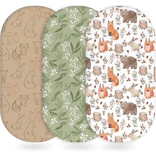 Baby Bassinet Sheets Girl Boy, Fitted Bassinet Sheet Set 3 Pack Bassinet Mattress Sheets Universal Fit for Rectangle, Round, Oval, Hourglass Mattress, Soft Breathable Green & Brown Fox