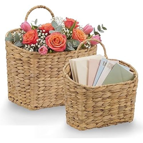 Set of 2 Wicker Hanging Basket for Organizing, Front Door, Mail, Flowers - Woven Wall Baskets for Storage