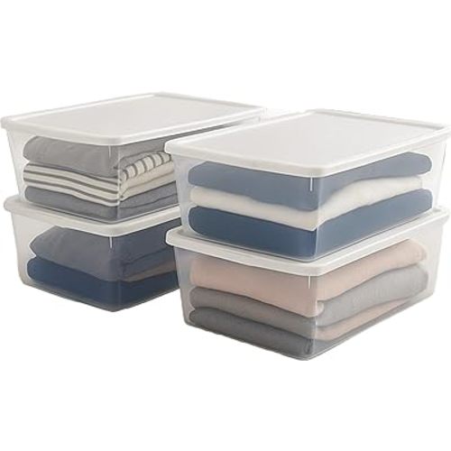 HOMZ 4-Pack Snaplock, Small Clear Plastic Storage Organizer Bins w/Lids, 12 Quart, White - Stackable Container Boxes for Bedroom, Bathroom, Garage, and Office Organization