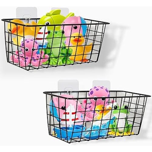 Hanging Bath Toy Storage Basket - 2 Pack Metal Bath Toy Holder with Hooks - Bathtub Toy Storage Organizer for Baby Bath Kids Shower Bathroom