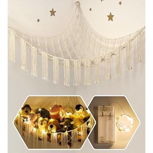 Stuffed Animal Hammock Corner with LED Light - Toy Storage Hammock Plushie Net Large - Cute Stuff Animals Holder Hanging Organizer - Baby Room Decor Kids Toddler Nursery Bedroom Boho