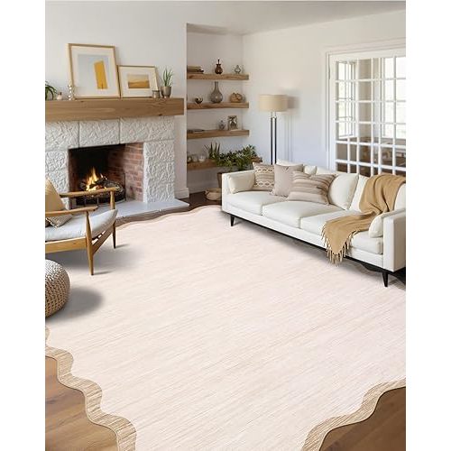 GarveeHome Scalloped Large Living Room Area Rug 6x9 - Machine Washable Modern Rugs Bordered Neutral Rug Non-Shedding Low Pile Farmhouse Carpet for Bedroom Nursery Classroom Dorm 6 ft x9 ft Beige