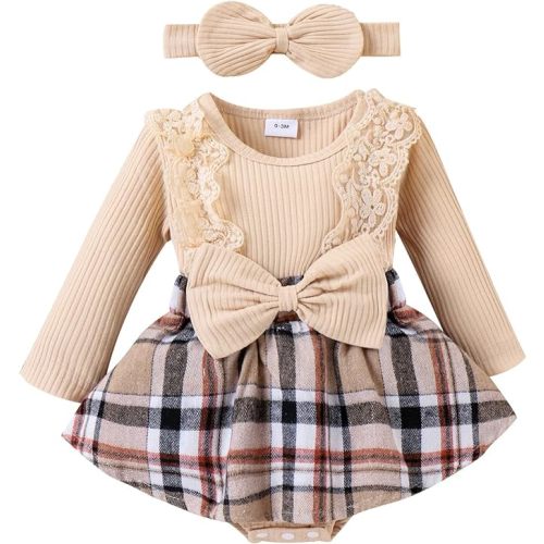 Baby Girl Clothes Fall Winter Outfit Plaid Romper Long Sleeve Dress Lace Ruffles Bodysuit with Bow Headband
