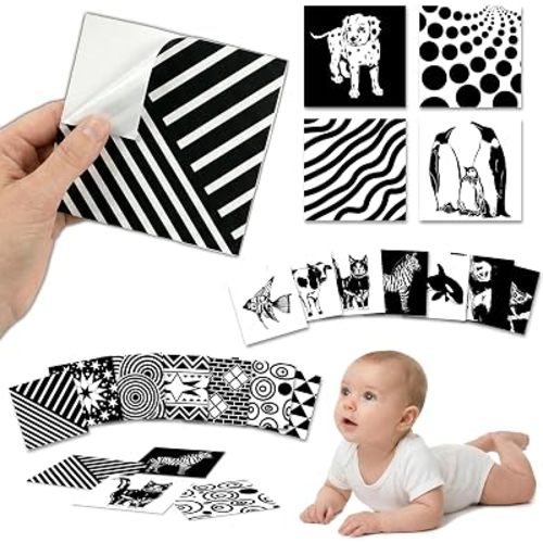 Restickable High Contrast Black & White Baby Stickers for Newborns, 18 Removable Vinyl Flashcards for Tummy Time and Nursery, Animals and Shapes
