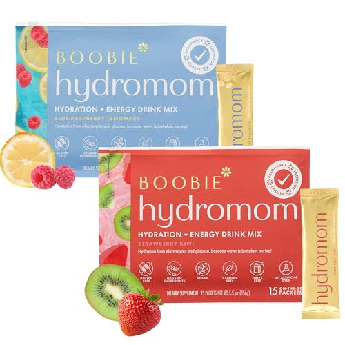 Boobie Hydromom Superfood Electrolyte Drink Mix, Strawberry Kiwi + Blue Raspberry Lemonade | Refreshing Energy, Hydration Boost | On-The-Go Travel Essential for Pregnancy, Lactation, & Beyond - 2 Pack