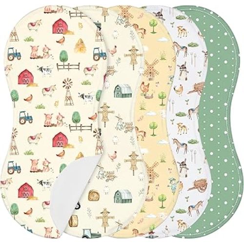 SmoothNovelty 5 Pack Farm Animals Baby Burp Cloths Soft Absorbent Burping Rags for Newborns 19"x9" Spit up Cloths for Boy Girl Newborn Baby Shower Registry Gifts Set Nursery Decor