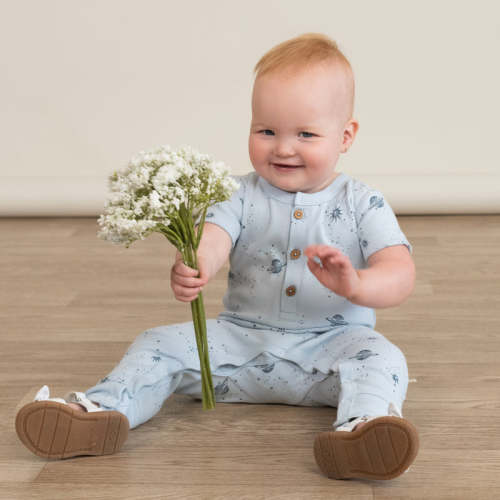 Organic Short Sleeve Button Romper - Celestial