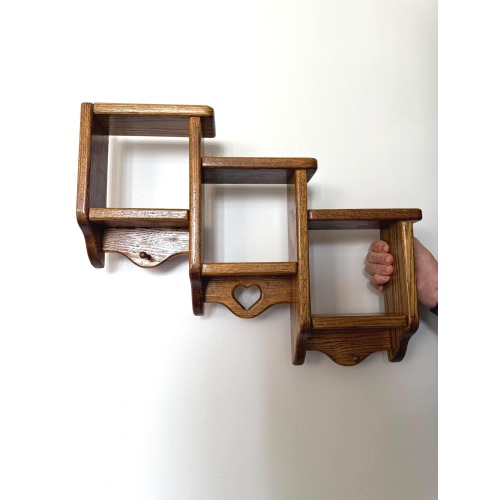 Vintage 3 Section Staggered Solid Oak Wood Country Heart Shelf, Wood Heart Shadow Box Cottagecore Wall Curio Knick Knack Cubby Country Decor