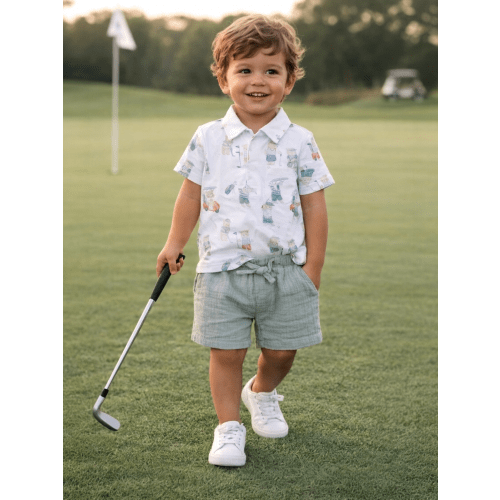 Polo Shirt & Casual Short Set, Golfing Teddy Bears