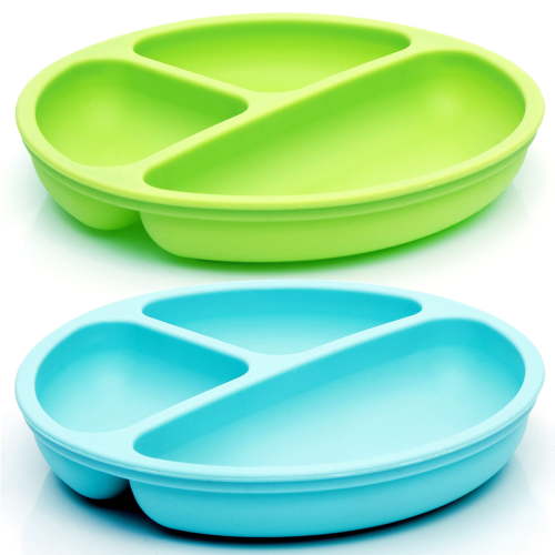 Youngever 2 Pack Divided Silicone Kids Plates, 3-Compartment Divided Silicone Kids Tray, 3 Compartment Plates (Blue and Green)