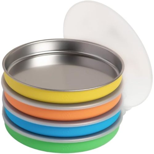 Elk and Friends 7.8” Stainless Steel Non Divided Plates with Silicone Sleeve + Storage Lid | Baby, Toddler, Kids | Dishwasher Safe | Dinner & Snack Plates | 4 Pack