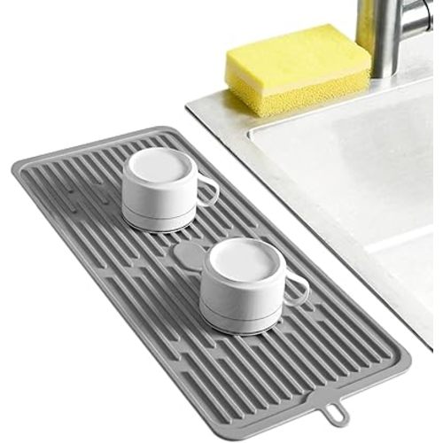 Dish Mat Silicone Dish Drying Mats Works For Drying Stemware Cocktail Glasses Silverware Pots Pans Knives and Dish Rack for Kitchen Counter Sink Bar Pads Easy to Clean (Gray)