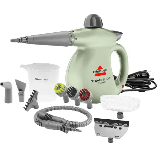 BISSELL Steam Shot Deluxe handheld pressurized steamer for maintenance cleaning with 10 cleaning tools