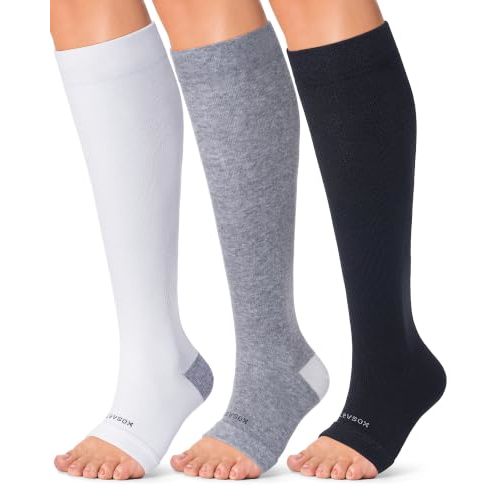 LEVSOX Cotton Toeless Compression Socks for Women Open Toe Support Socks | Knee High, 20-30 mmHg, Support Stockings for Flying, Nurses, Pregnant, Travel
