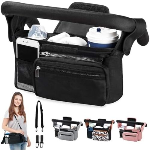 NARUTOO Baby Stroller Organizer, Universal Stroller Organizer with Detachable Phone Bag, Stroller Caddy with 2 Insulated Cup Holders, Buggy Organizer Bag with 2 Hooks Fits Most Strollers (Black)