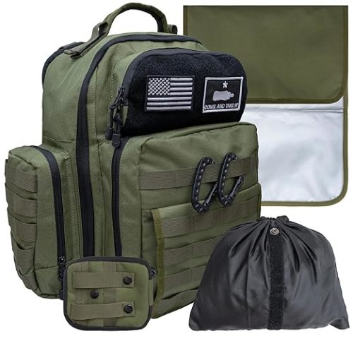 Green Dad Diaper Bag - Molle-Style Military Diaper Backpack Made of Rugged 900D Waterproof Polyester with Wider Extra-Long Straps, Dirty Diapers Pouch, Baby Wipes Dispenser & Insulated Bottle Pockets