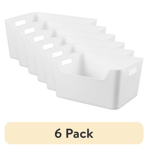 (6 pack) Mainstays X-Large Easy Access Bin, Open Plastic Storage Bin with Scoop Front, White