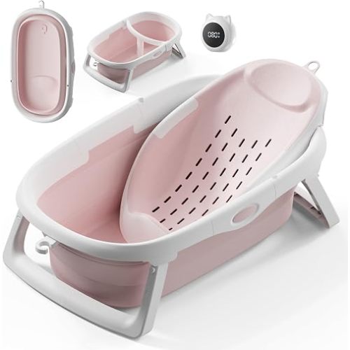 CheerTry 4-in-1 Collapsible Baby Bathtub for Newborn & Toddler 0-24M (Pink)