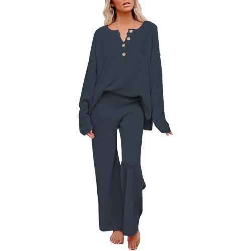 Pink Queen Women's 2 Piece Fall Outfit Lounge Set Long Sleeve Button Pullover Sweater Matching Wide Leg Pants Knit Sweatsuit