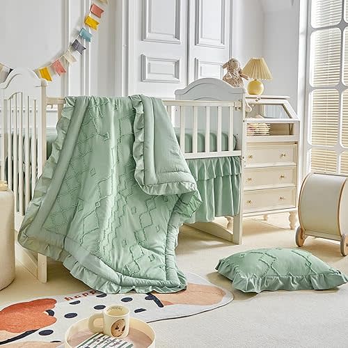 AIKASY The Ruffled Shabby Crib Bedding Set for Girls, Baby Quilted Comforter with Fitted Sheet, Bed Skirt, and Pillowcase.