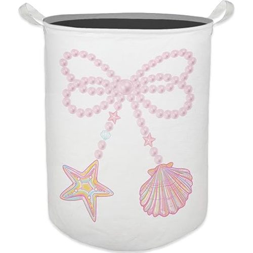 Pink Coquette Pearl Bow Laundry Basket, Toybox for Girls, Coastal Seashell Laundry Basket Hamper Waterproof Collapsible Clothes Toys Storage Bin Organizer for Bedroom Bathroom Girls Room Dorm
