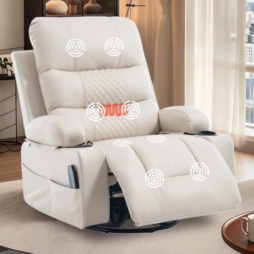 KCQ Power Swivel Rocker Recliner Chair with Massage and Heat USB Port Overstuffed Faux Leather Electric Rocking Glider Chair for Nursery, Beige