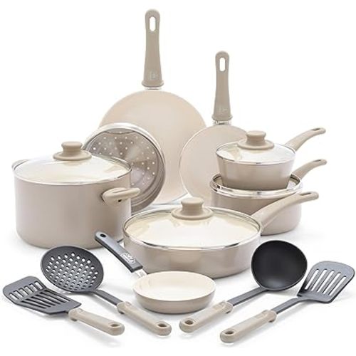 GreenLife 16 Piece Nonstick Cookware Set, Soft Grip Non-Toxic PFAS-Free Ceramic Pots & Pans, Dishwasher & Oven Safe, Frying, Sauce, Saute, Utensils, Glass Lids, Stay-Cool Handles, Wobble Free, Taupe