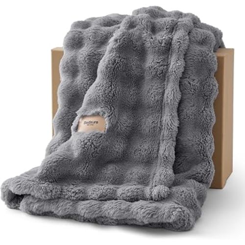Bedsure 3D Fleece Bubble Blanket - GentleSoft Grey Queen Blanket for Bed Sofa Room Decor - Luxury Soft Cozy Gifts for Women, Lightweight, All Seasons, Grey, 90"×90"