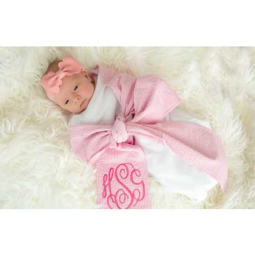 Seersucker Sash Bow Monogrammed Baby Gift, Seersucker Swaddle Sash, Personalized Sash For Baby Pictures | Monogram Sash Bow for Baby