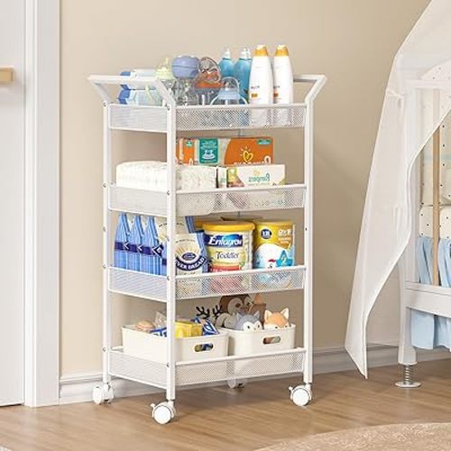 4-Tier Baby Diaper Cart, Diaper Caddy Organizer Cart, Rolling Utility Cart for Baby Supplies, Diaper Caddy Cart with Wheels for Bedroom, Nursery, Changing Table, White