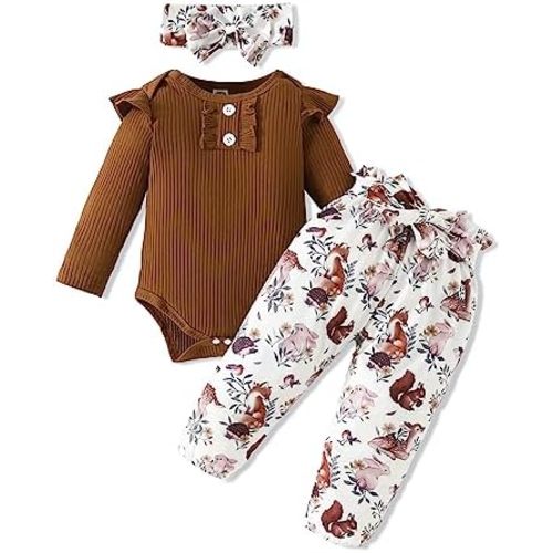 Kislio Newborn Baby Girls Clothes Ribbed Ruffled Romper+Floral Pants+Headband Infant Outfit Set