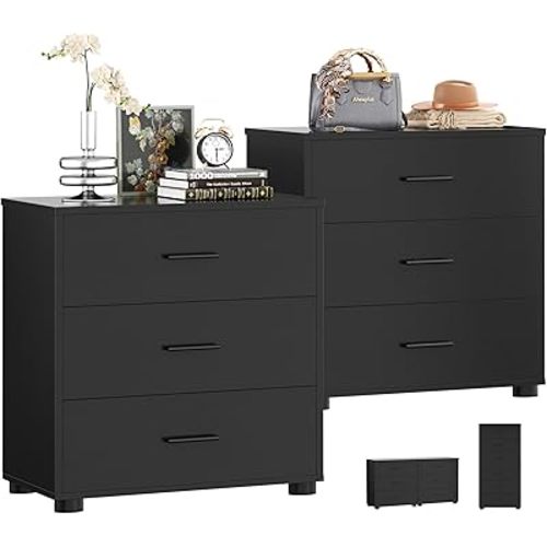 Aheaplus Closet Drawers Set of 2, Wood Closet Organizers and Storage with 3 Drawers, Closet Drawers Organizer System, Nightstands Bedside End Table with 3 Drawers Storage for Bedroom, Black