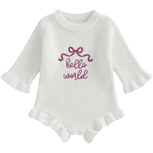 Baby Girl Fall Winter Clothes Newborn She's Here Bow Embroidery Knit Sweater Romper Warm Casual Bodysuit