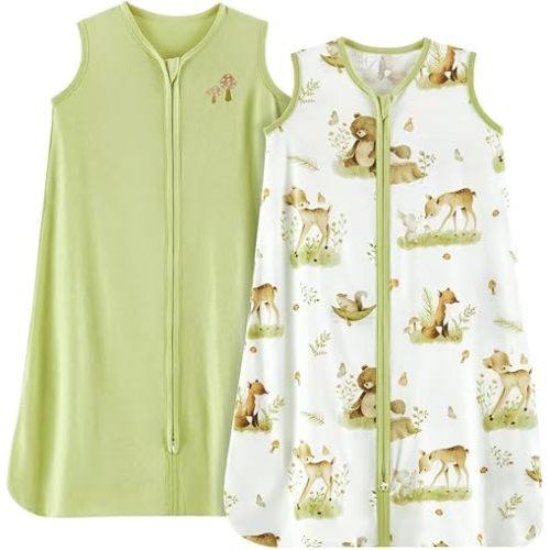 TILLYOU Sleep Sack 0-6 Months - 0.5 TOG Baby sleep sacks with 2-Way Zipper, Lightweight Cotton Summer Sleeping sack 2 Pack, Playing in the woods and green