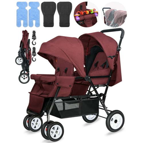 HUART Double Stroller, can Sit and Lie Down Lightweight Folding Children's Stroller, Red