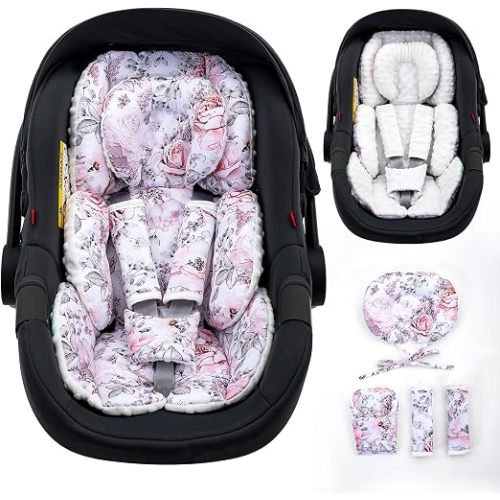 Infant Insert with Extra Headrest & Shoulder Pads, Baby Car Seat Head Neck Body Support, 2-in-1 Reversible Baby Car Seat Cuhsion for Girls Boys, Newborn Carseat Head Support for Stroller, Swing