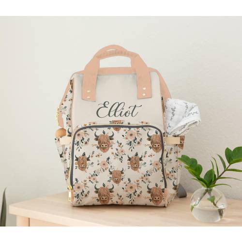 Diaper Bag, Baby Girl Personalized Backpack Diaper Bag, Highland Cow Floral Diaper Bag with Baby's Name, Custom Baby Gift