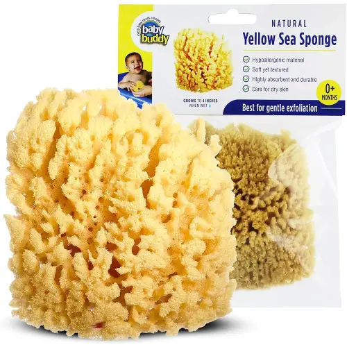Baby Buddy Baby Bath 4in Yellow Sea Sponge, Absorbent Natural Sea Sponge, Soft on Tender Skin, Biodegradable, Hypoallergenic, Bath Accessories for Bathing, 1 Pack