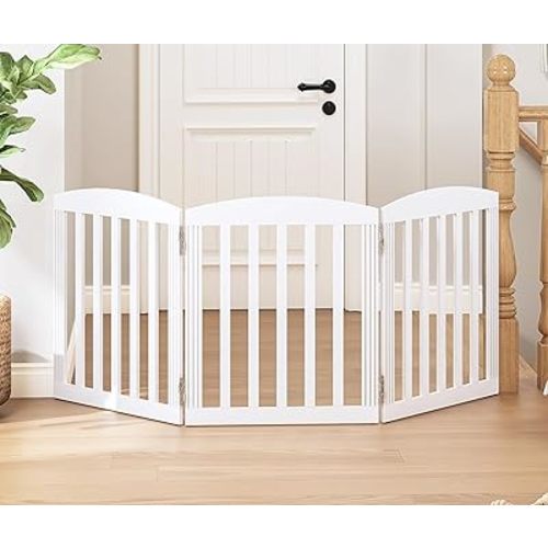 SPIRICH Dog Gate Indoor, Dog Gates for Doorways, Stairs, The House, Wooden Freestanding Foldable Pet Gate, Extra Wide Step Over Puppy Gate, 3 Panels, White