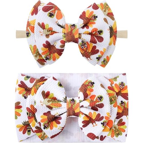 YanJie Hairband, Thanksgiving Baby Girl Headband with Turkey Printed Bows, Handmade Hair Accessories for Infant Toddlers Kids, One Size Fits All, 2 Count