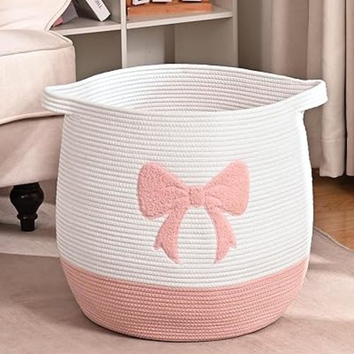 Pink Bow Laundry Basket, Baby Laundry Hamper for Baby Girl, Toy and Blanket Storage Basket, Cotton Rope Baskets for Kids, 17"x15.7"
