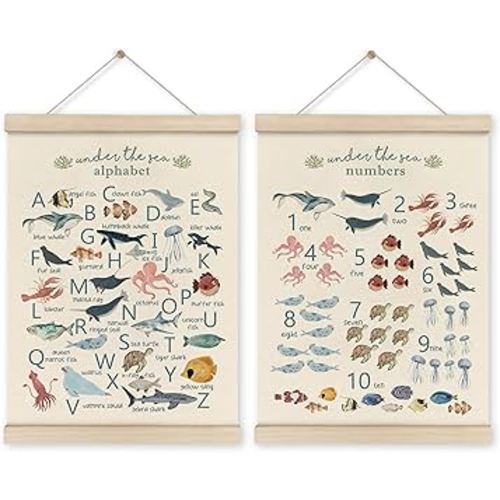 HRQKO Ocean Alphabet Poster Hanger Frame Set of 2, Ocean Nursery Decor, Sea Animal Wall Decor, ABC Poster Art with Wooden Frames, Alphabet Banner Wall Hanging Decor for Playroom Kids Room,12x16 Inch