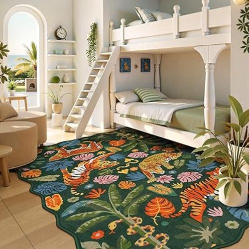 LEEVAN 5x7 Animal Area Rugs Washable Green Tiger Living Room Rugs Non Slip Scalloped Tiger Bedroom Rug Low Pile Leopard Nursery Floor Carpet Jungle Leaf Print Kids Rug